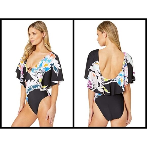 💕TRINA TURK💕 Seychelles Flutter Sleeve One Piece Swimsuit Size 0 NWT Print - Picture 4 of 16